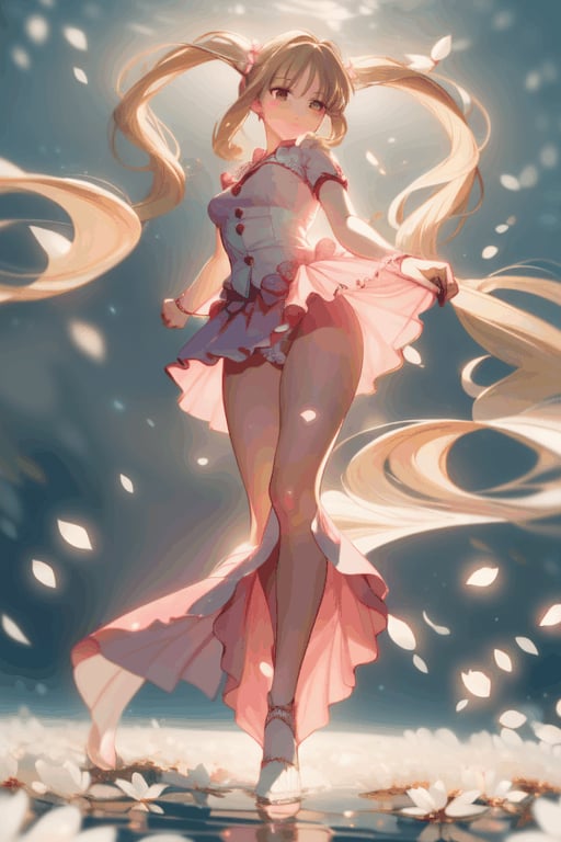 Luchia stands regally, her golden twintails flowing like a sunset's warmth, amidst a whirlpool of pink fabric. Framed from below, the camera captures her struggle to tame the swirling skirts with pressed hands. Delicate glimpses of lace panties peek out, exuding intimate allure. Soft floral dress against a simple background, a field of white flowers subtly blooms at her feet, as petals scatter, capturing the ethereal essence of this captivating moment.,floral dress, simple background, flower