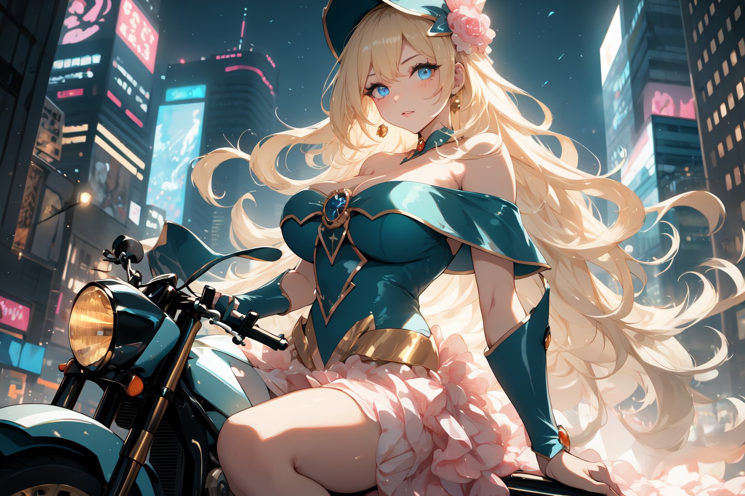 A sultry urban goddess astride a powerful motorcycle, bathed in vibrant neon city glow, confidently strikes a pose amidst towering skyscrapers. Neon hues illuminate the blue-pink frilled wedding dress clinging to her curves, showcasing the Wizard's hat-adorned bangs and off-shoulder design. blond long hair cascade down like a river, framing her striking features and golden hair flowing behind her. Piercing blue eyes gleam with mischief as she confronts the viewer beneath an ornate hair ornament on her flowing locks. City lights accentuate her features, highlighting a sugary sweet sensuality in this Sugimori Ken-inspired art piece.