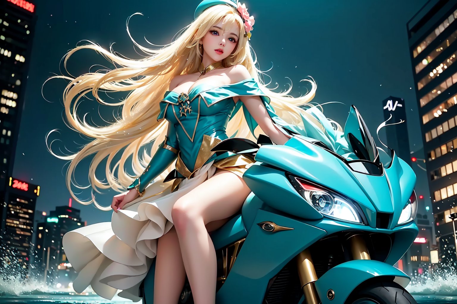 A sultry urban goddess astride a powerful motorcycle, bathed in vibrant neon city glow, confidently strikes a pose amidst towering skyscrapers. Neon hues illuminate the blue-pink frilled wedding dress clinging to her curves, showcasing the Wizard's hat-adorned bangs and off-shoulder design. blond long hair cascade down like a river, framing her striking features and golden hair flowing behind her. Piercing blue eyes gleam with mischief as she confronts the viewer beneath an ornate hair ornament on her flowing locks. City lights accentuate her features, highlighting a sugary sweet sensuality in this Sugimori Ken-inspired art piece.