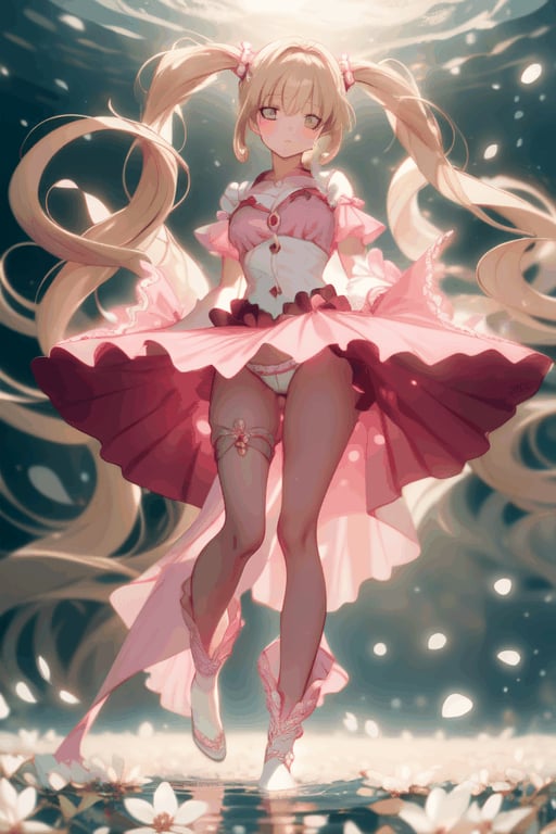 Luchia stands regally, her golden twintails flowing like a sunset's warmth amidst a whirlpool of pink fabric. Framed from below, the camera captures her struggle to tame the swirling skirts with pressed hands. Delicate glimpses of lace panties peek out, exuding intimate allure. Soft floral dress against a simple background, a field of white flowers subtly blooms at her feet as petals scatter capturing the ethereal essence of this captivating moment.