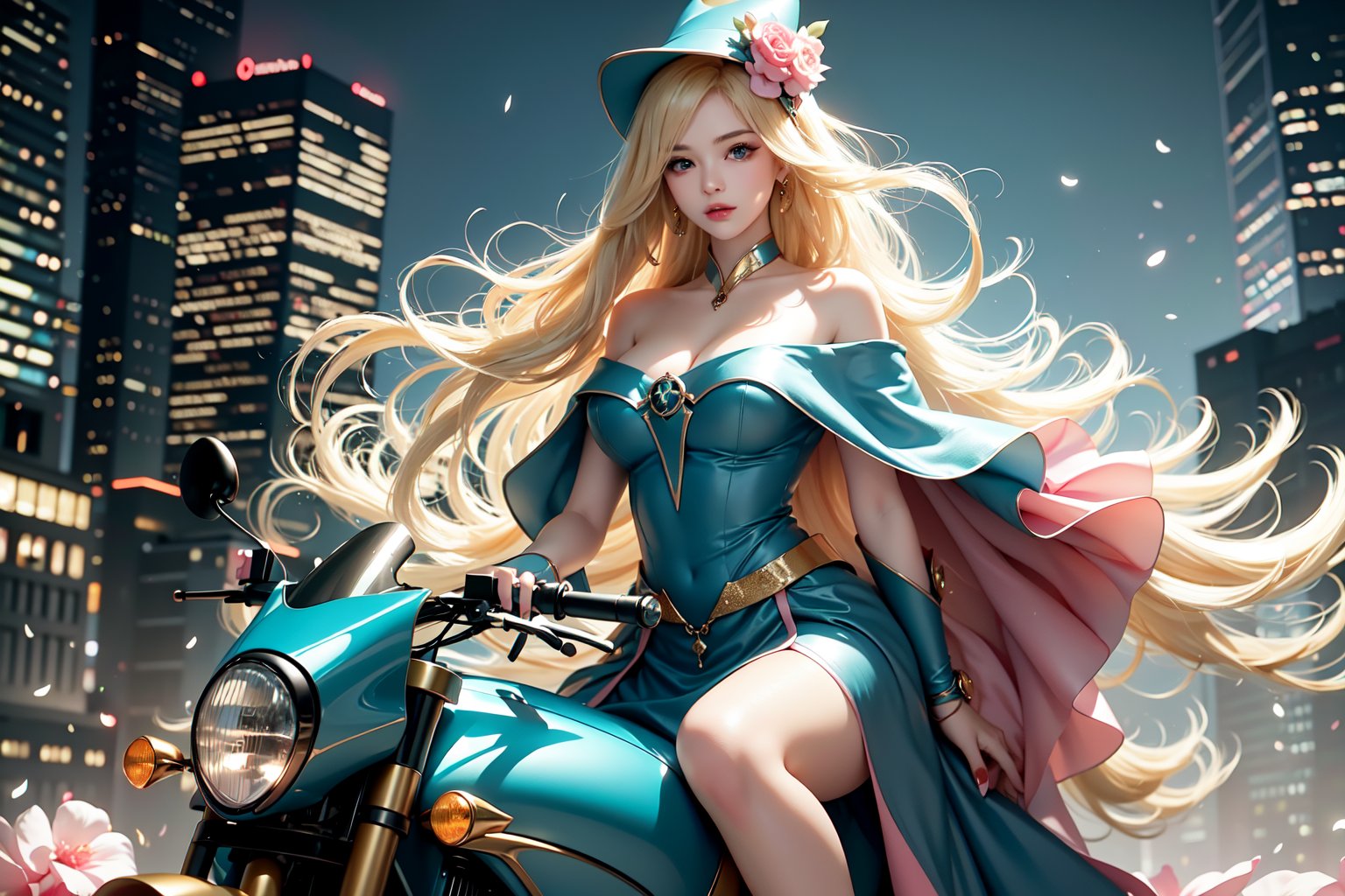 A sultry urban goddess astride a powerful motorcycle, bathed in vibrant neon city glow, confidently strikes a pose amidst towering skyscrapers. Neon hues illuminate the blue-pink frilled wedding dress clinging to her curves, showcasing the Wizard's hat-adorned bangs and off-shoulder design. blond long hair cascade down like a river, framing her striking features and golden hair flowing behind her. Piercing blue eyes gleam with mischief as she confronts the viewer beneath an ornate hair ornament on her flowing locks. City lights accentuate her features, highlighting a sugary sweet sensuality in this Sugimori Ken-inspired art piece.