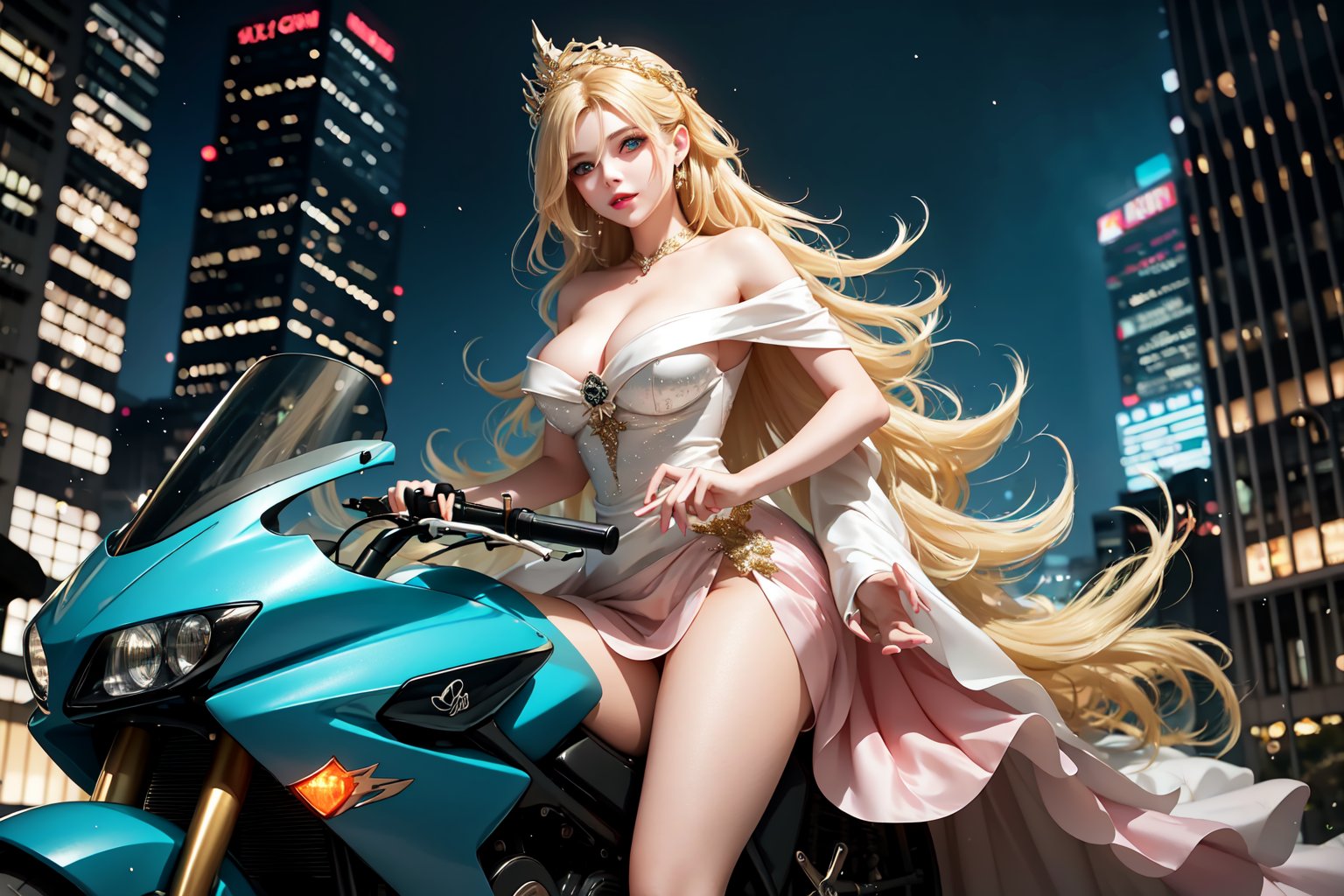 A sultry urban goddess astride a powerful motorcycle, bathed in vibrant neon city glow, confidently strikes a pose amidst towering skyscrapers. Neon hues illuminate the blue-pink frilled wedding dress clinging to her curves, showcasing the Wizard's hat-adorned bangs and off-shoulder design. blond long hair cascade down like a river, framing her striking features and golden hair flowing behind her. Piercing blue eyes gleam with mischief as she confronts the viewer beneath an ornate hair ornament on her flowing locks. City lights accentuate her features, highlighting a sugary sweet sensuality in this Sugimori Ken-inspired art piece.