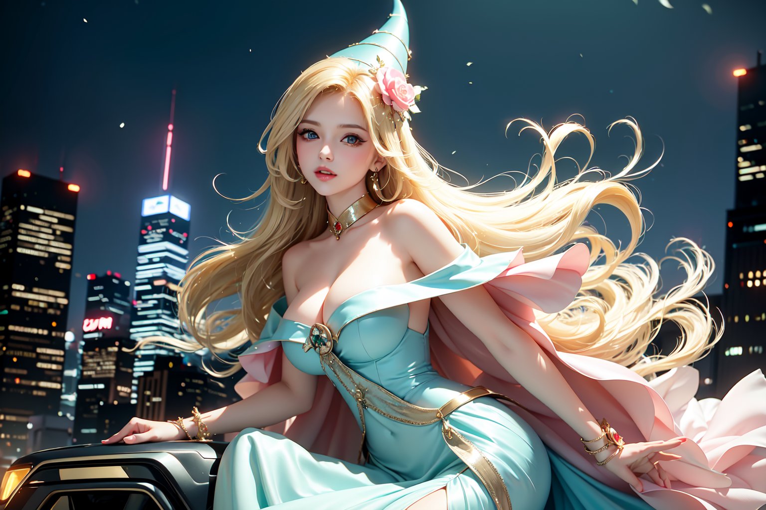 A sultry urban goddess astride a powerful motorcycle, bathed in vibrant neon city glow, confidently strikes a pose amidst towering skyscrapers. Neon hues illuminate the blue-pink frilled wedding dress clinging to her curves, showcasing the Wizard's hat-adorned bangs and off-shoulder design. blond long hair cascade down like a river, framing her striking features and golden hair flowing behind her. Piercing blue eyes gleam with mischief as she confronts the viewer beneath an ornate hair ornament on her flowing locks. City lights accentuate her features, highlighting a sugary sweet sensuality in this Sugimori Ken-inspired art piece.