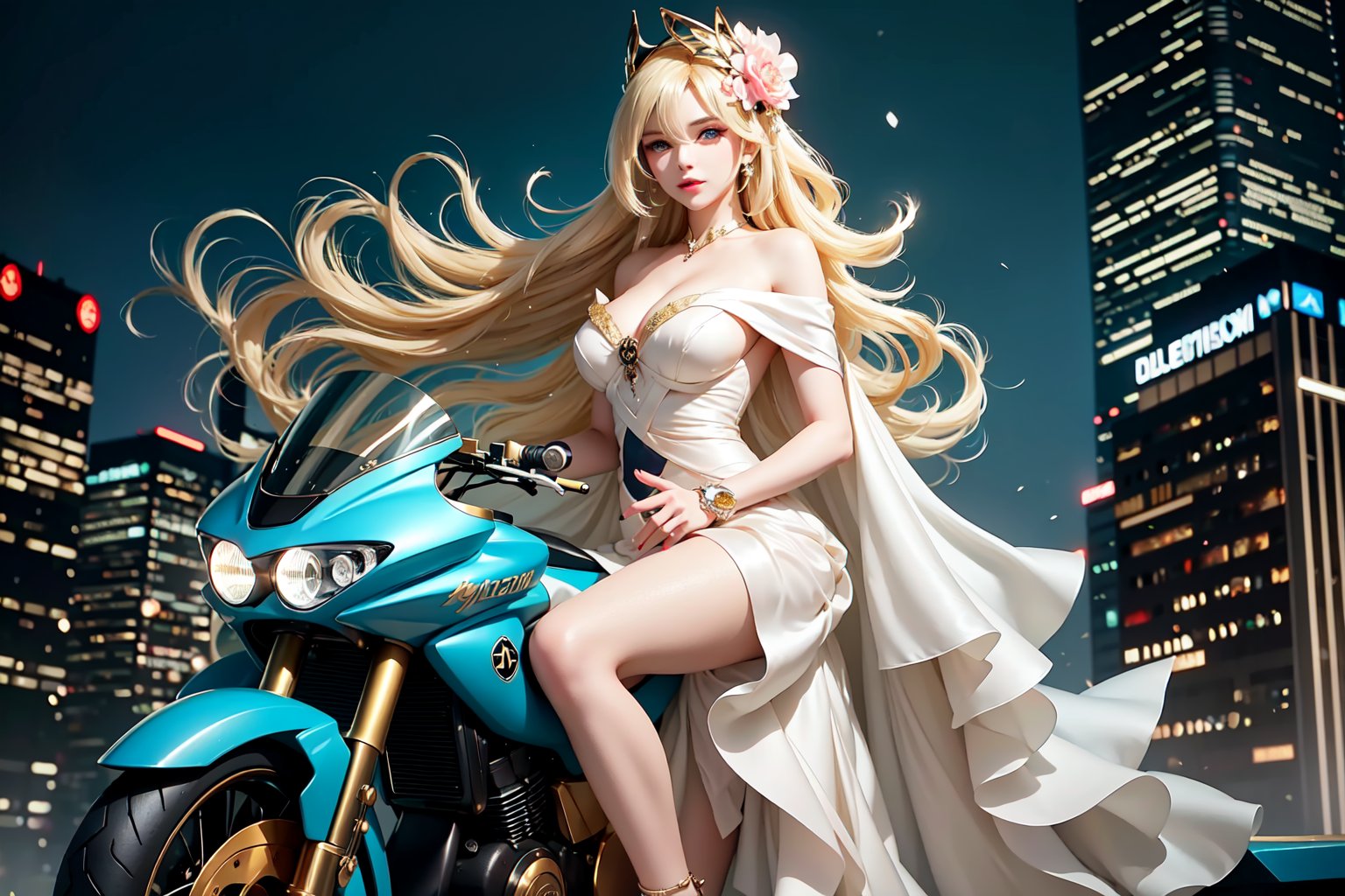 A sultry urban goddess astride a powerful motorcycle, bathed in vibrant neon city glow, confidently strikes a pose amidst towering skyscrapers. Neon hues illuminate the blue-pink frilled wedding dress clinging to her curves, showcasing the Wizard's hat-adorned bangs and off-shoulder design. blond long hair cascade down like a river, framing her striking features and golden hair flowing behind her. Piercing blue eyes gleam with mischief as she confronts the viewer beneath an ornate hair ornament on her flowing locks. City lights accentuate her features, highlighting a sugary sweet sensuality in this Sugimori Ken-inspired art piece.