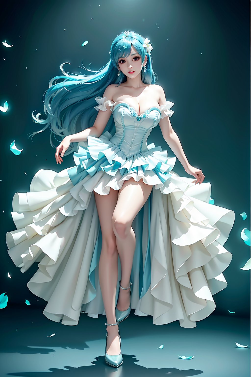 Here's a prompt that captures the essence of this vivid description:

Create an image of an idol in a daring pose on a stage lit by warm movie lighting and neon lights. She wears a revealing blue frilled wedding dress with long blue hair adorned with gems. Her breasts are showcased with cleavage, glistening with sweat as she points with one hand while her other arm rests on the stage. The spotlight highlights her figure, white stockings, and intricate hair accessories against a blurred background of floral patterns and music notes. Ryuubi-style cross laces adorn her underbust, lifting her skirt to reveal more of her stunning physique. The overall effect should be visually stunning, with high-quality details and a sense of movement.