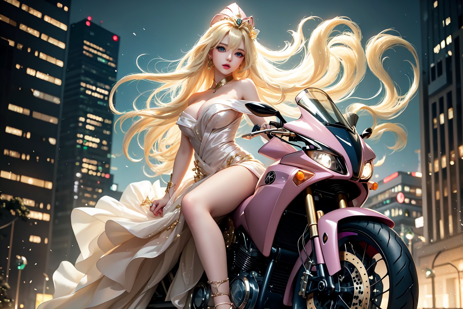 In a neon-drenched urban landscape, a sultry goddess astride a powerful motorcycle strikes a confident pose amidst towering skyscrapers. The vibrant glow illuminates the blue-pink frilled wedding dress clinging to her curves, showcasing the Wizard's hat-adorned bangs and off-shoulder design. Blond locks cascade down like a river, framing her striking features and golden hair flowing behind her. Piercing blue eyes gleam with mischief as she confronts the viewer beneath an ornate hair ornament on her flowing locks. City lights accentuate her features, highlighting sugary sweet sensuality in this Sugimori Ken-inspired art piece.