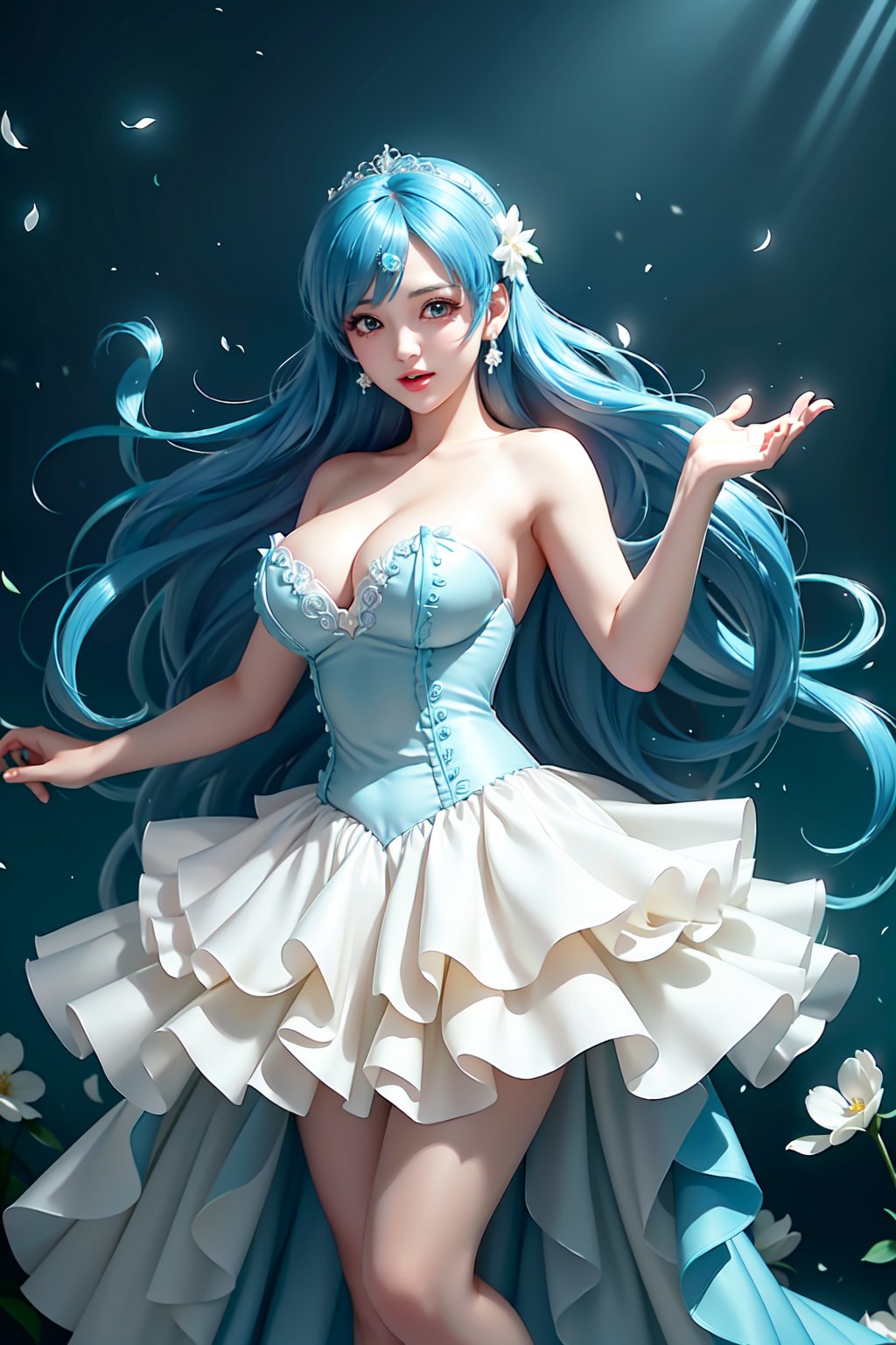 Here's a prompt that captures the essence of this vivid description:

Create an image of an idol in a daring pose on a stage lit by warm movie lighting and neon lights. She wears a revealing blue frilled wedding dress with long blue hair adorned with gems. Her breasts are showcased with cleavage, glistening with sweat as she points with one hand while her other arm rests on the stage. The spotlight highlights her figure, white stockings, and intricate hair accessories against a blurred background of floral patterns and music notes. Ryuubi-style cross laces adorn her underbust, lifting her skirt to reveal more of her stunning physique. The overall effect should be visually stunning, with high-quality details and a sense of movement.