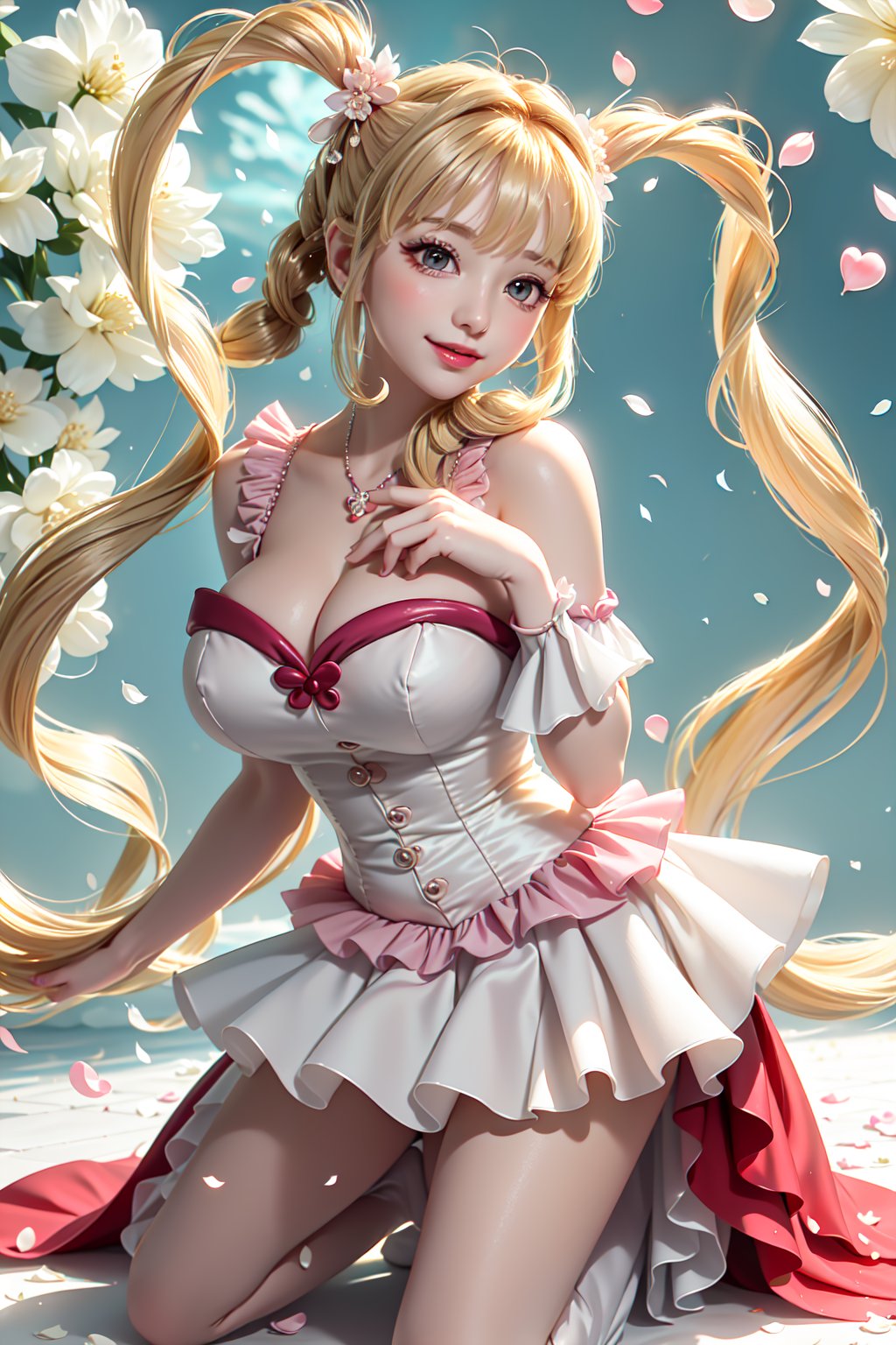 Here's a prompt that captures the essence of this breathtaking scene:

Stunning idol pose: Frontal, all fours position, pink frilled wedding dress showcasing exposed breasts with cascading blond hair, heart-shaped twintails, and sparkling gems. Warm movie lighting accentuates large breasts, glowing under neon-lit stage with confetti and hearts floating in air. Idol's sweet smile radiates with blush as she points, sweat glistening on skin. Framing spotlight highlights white stockings, ruffled dress, and intricate hair accessories amidst blurred floral patterns and music notes background. Ryuubi-style cross laces adorn underbust, lifting skirt to reveal stunning physique.