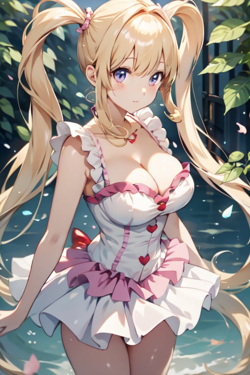 (Masterpiece), best quality, high resolution, highly detailed, She has blond long hair, Heart-shaped twintails, large breasts, cleavage. She wears torn pink frilled weeding dress