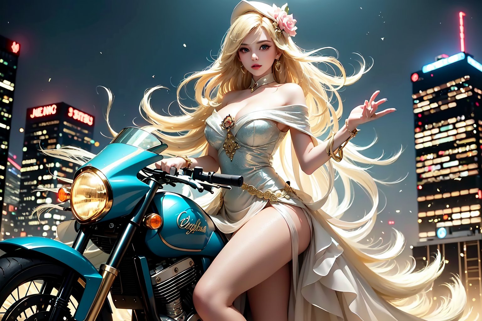 A sultry urban goddess astride a powerful motorcycle, bathed in vibrant neon city glow, confidently strikes a pose amidst towering skyscrapers. Neon hues illuminate the blue-pink frilled wedding dress clinging to her curves, showcasing the Wizard's hat-adorned bangs and off-shoulder design. blond long hair cascade down like a river, framing her striking features and golden hair flowing behind her. Piercing blue eyes gleam with mischief as she confronts the viewer beneath an ornate hair ornament on her flowing locks. City lights accentuate her features, highlighting a sugary sweet sensuality in this Sugimori Ken-inspired art piece.