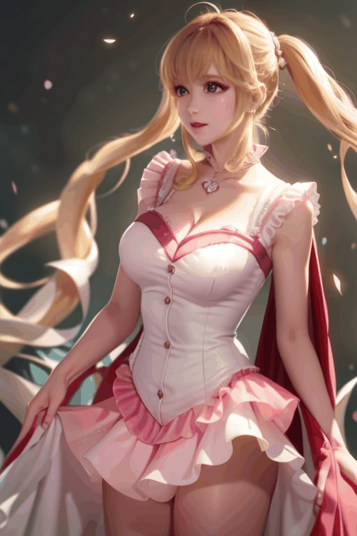 Here is a coherent and descriptive prompt for the described image: A close-up shot of a majestic idol standing on stage amidst confetti and hearts, with her big aqua eyes sparkling as she poses sweetly beneath her pink frilled wedding dress. The camera focuses on her underbust design accentuating large breasts, framed by delicate lace details. Her blond heart-shaped twintails adorned with gems and jewelry cascade down. As Skirt fluttering violently, showcasing her perfectly proportioned face and tantalizing physique, a glimpse of silk panties with lace-trimmed 2.0 is revealed underneath the flowing fabric.,hmnl,floral dress, simple background, flower