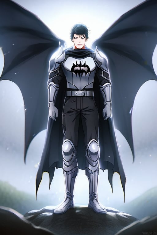 The animated version of Batman that belongs to the movie "Justice League x RWBY: Super Heroes & Huntsmen - Part 1" (He does have black hair, dark blue eyes, black pants, gray boots, gray metal knee pads, a gray breastplate with a black bat symbol on the front and underneath, a black long-sleeved t-shirt, black metal bat-shaped shoulder pads, gray armbands with 3 side blades on the sides, gloves blacks, a gray scarf, a gray utility belt and the age of 17), where Batman/Bruce Wayne is a "Bat Faunus" (Human being with two oversized black bat wings emerging from his back), in a landscape night with bats flying around.