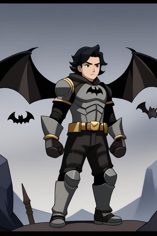 The animated version of Batman that belongs to the movie "Justice League x RWBY: Super Heroes & Huntsmen - Part 1" (He does have black hair, dark blue eyes, black pants, gray boots, gray metal knee pads, a gray breastplate with a black bat symbol on the front and underneath, a black long-sleeved t-shirt, black metal bat-shaped shoulder pads, gray armbands with 3 side blades on the sides, gloves blacks, a gray scarf, a gray utility belt and the age of 17), where Batman/Bruce Wayne is a "Bat Faunus" (Human being with two oversized black bat wings emerging from his back), in a landscape night.