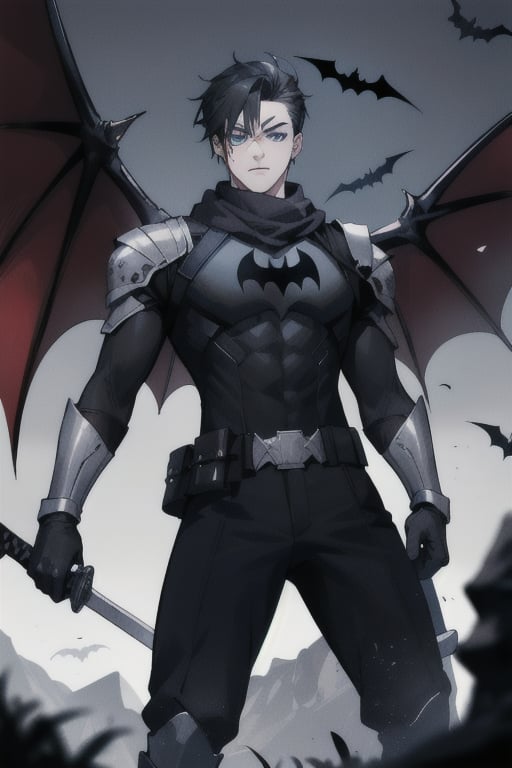 The animated version of Batman that belongs to the movie "Justice League x RWBY: Super Heroes & Huntsmen - Part 1" (He has black hair, dark blue eyes, black pants, gray boots with metal armor along them up to the knees, a gray breastplate with a black bat symbol on the chest and underneath, a black long-sleeved t-shirt, black metal bat-shaped shoulder pads, gray armbands with 3 side blades on the sides, black gloves, a gray scarf, a gray utility belt, 2 rapier type swords and the age of 17), where Batman/Bruce Wayne is a "Bat Faunus" (Human being with two huge black bat wings emerging from his back), in a landscape night with bats flying around.