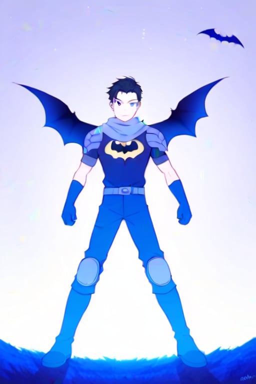 The animated version of Batman that belongs to the movie "Justice League x RWBY: Super Heroes & Huntsmen - Part 1" (He does have black hair, dark blue eyes, black pants, gray boots, gray metal knee pads, a gray breastplate with a black bat symbol on the front and underneath, a black long-sleeved t-shirt, black metal bat-shaped shoulder pads, gray armbands with 3 side blades on the sides, gloves blacks, a gray scarf, a gray utility belt and the age of 17), where Batman/Bruce Wayne is a "Bat Faunus" (Human being with two oversized black bat wings emerging from his back), in a landscape night.