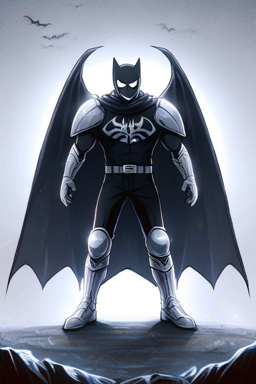 The animated version of Batman that belongs to the movie "Justice League x RWBY: Super Heroes & Huntsmen - Part 1" (He does have black hair, dark blue eyes, black pants, gray boots, gray metal knee pads, a gray breastplate with a black bat symbol on the front and underneath, a black long-sleeved t-shirt, black metal bat-shaped shoulder pads, gray armbands with 3 side blades on the sides, gloves blacks, a gray scarf, a gray utility belt and the age of 17), where Batman/Bruce Wayne is a "Bat Faunus" (Human being with two oversized black bat wings emerging from his back), in a landscape night with bats flying around.