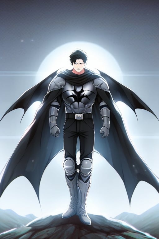 The animated version of Batman that belongs to the movie "Justice League x RWBY: Super Heroes & Huntsmen - Part 1" (He does have black hair, dark blue eyes, black pants, gray boots, gray metal knee pads, a gray breastplate with a black bat symbol on the front and underneath, a black long-sleeved t-shirt, black metal bat-shaped shoulder pads, gray armbands with 3 side blades on the sides, gloves blacks, a gray scarf, a gray utility belt and the age of 17), where Batman/Bruce Wayne is a "Bat Faunus" (Human being with two oversized black bat wings emerging from his back), in a landscape night with bats flying around.