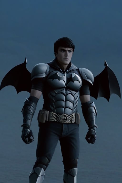 The animated version of Batman that belongs to the movie "Justice League x RWBY: Super Heroes & Huntsmen - Part 1" (He does have black hair, dark blue eyes, black pants, gray boots, gray metal knee pads, a gray breastplate with a black bat symbol on the front and underneath, a black long-sleeved t-shirt, black metal bat-shaped shoulder pads, gray armbands with 3 side blades on the sides, gloves blacks, a gray scarf, a gray utility belt and the age of 17), where Batman/Bruce Wayne is a "Bat Faunus" (Human being with two oversized black bat wings emerging from his back), in a landscape night.,Movie Still