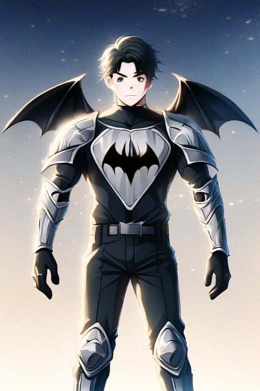 The animated version of Batman that belongs to the movie "Justice League x RWBY: Super Heroes & Huntsmen - Part 1" (He does have black hair, dark blue eyes, black pants, gray boots, gray metal knee pads, a gray breastplate with a black bat symbol on the front and underneath, a black long-sleeved t-shirt, black metal bat-shaped shoulder pads, gray armbands with 3 side blades on the sides, gloves blacks, a gray scarf, a gray utility belt and the age of 17), where Batman/Bruce Wayne is a "Bat Faunus" (Human being with two oversized black bat wings emerging from his back), in a landscape night with bats flying around.