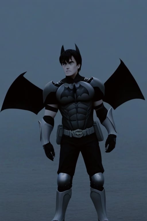 The animated version of Batman that belongs to the movie "Justice League x RWBY: Super Heroes & Huntsmen - Part 1" (He does have black hair, dark blue eyes, black pants, gray boots, gray metal knee pads, a gray breastplate with a black bat symbol on the front and underneath, a black long-sleeved t-shirt, black metal bat-shaped shoulder pads, gray armbands with 3 side blades on the sides, gloves blacks, a gray scarf, a gray utility belt and the age of 17), where Batman/Bruce Wayne is a "Bat Faunus" (Human being with two oversized black bat wings emerging from his back), in a landscape night.