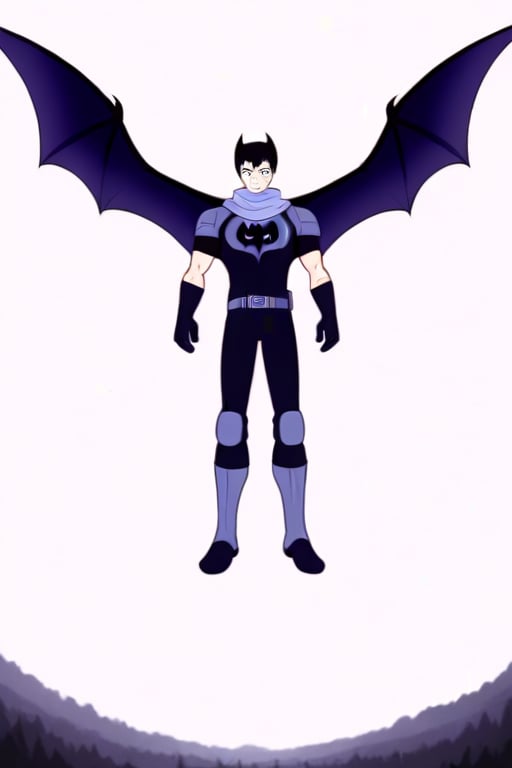 The animated version of Batman that belongs to the movie "Justice League x RWBY: Super Heroes & Huntsmen - Part 1" (He does have black hair, dark blue eyes, black pants, gray boots, gray metal knee pads, a gray breastplate with a black bat symbol on the front and underneath, a black long-sleeved t-shirt, black metal bat-shaped shoulder pads, gray armbands with 3 side blades on the sides, gloves blacks, a gray scarf, a gray utility belt and the age of 17), where Batman/Bruce Wayne is a "Bat Faunus" (Human being with two oversized black bat wings emerging from his back), in a landscape night with bats flying around..