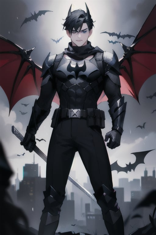 The animated version of Batman that belongs to the movie "Justice League x RWBY: Super Heroes & Huntsmen - Part 1" (He has black hair, dark blue eyes, black pants, gray boots with metal armor along them up to the knees, a gray breastplate with a black bat symbol on the chest and underneath, a black long-sleeved t-shirt, black metal bat-shaped shoulder pads, gray armbands with 3 side blades on the sides, black gloves, a gray scarf, a gray utility belt, 2 rapier type swords and the age of 17), where Batman/Bruce Wayne is a "Bat Faunus" (Human being with two huge black bat wings emerging from his back), in a landscape night with bats flying around.