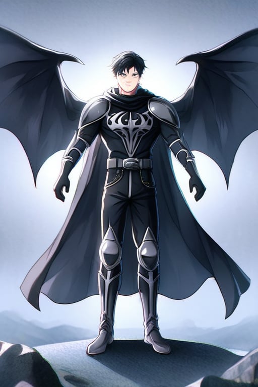 The animated version of Batman that belongs to the movie "Justice League x RWBY: Super Heroes & Huntsmen - Part 1" (He does have black hair, dark blue eyes, black pants, gray boots, gray metal knee pads, a gray breastplate with a black bat symbol on the front and underneath, a black long-sleeved t-shirt, black metal bat-shaped shoulder pads, gray armbands with 3 side blades on the sides, gloves blacks, a gray scarf, a gray utility belt and the age of 17), where Batman/Bruce Wayne is a "Bat Faunus" (Human being with two oversized black bat wings emerging from his back), in a landscape night with bats flying around.