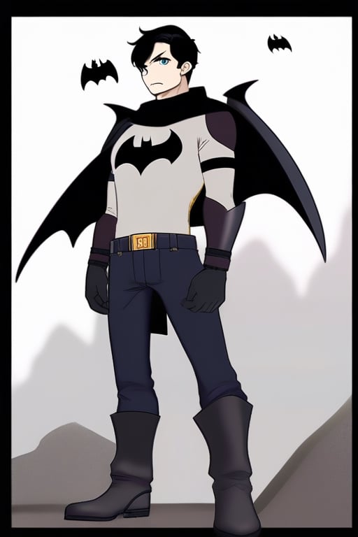 The animated version of Batman that belongs to the movie "Justice League x RWBY: Super Heroes & Huntsmen - Part 1" (He does have black hair, dark blue eyes, black pants, gray boots, gray metal knee pads, a gray breastplate with a black bat symbol on the front and underneath, a black long-sleeved t-shirt, black metal bat-shaped shoulder pads, gray armbands with 3 side blades on the sides, gloves blacks, a gray scarf, a gray utility belt and the age of 17), where Batman/Bruce Wayne is a "Bat Faunus" (Human being with two oversized black bat wings emerging from his back), in a landscape night.