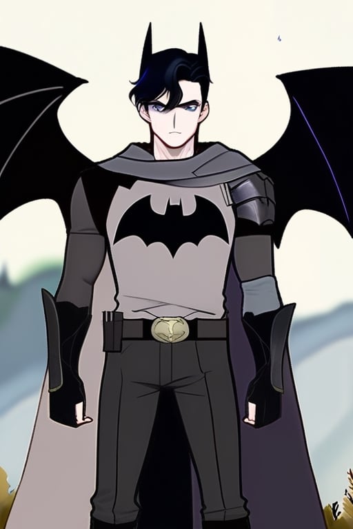 The animated version of Batman that belongs to the movie "Justice League x RWBY: Super Heroes & Huntsmen - Part 1" (He does have black hair, dark blue eyes, black pants, gray boots, gray metal knee pads, a gray breastplate with a black bat symbol on the front and underneath, a black long-sleeved t-shirt, black metal bat-shaped shoulder pads, gray armbands with 3 side blades on the sides, gloves blacks, a gray scarf, a gray utility belt and the age of 17), where Batman/Bruce Wayne is a "Bat Faunus" (Human being with two oversized black bat wings emerging from his back), in a landscape night.