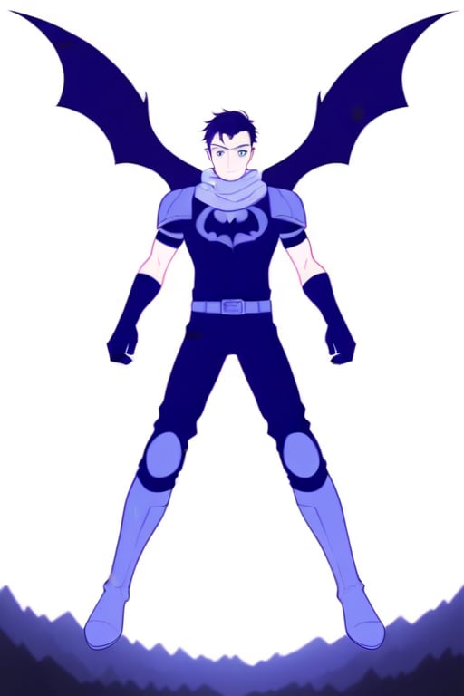 The animated version of Batman that belongs to the movie "Justice League x RWBY: Super Heroes & Huntsmen - Part 1" (He does have black hair, dark blue eyes, black pants, gray boots, gray metal knee pads, a gray breastplate with a black bat symbol on the front and underneath, a black long-sleeved t-shirt, black metal bat-shaped shoulder pads, gray armbands with 3 side blades on the sides, gloves blacks, a gray scarf, a gray utility belt and the age of 17), where Batman/Bruce Wayne is a "Bat Faunus" (Human being with two oversized black bat wings emerging from his back), in a landscape night with bats flying around..