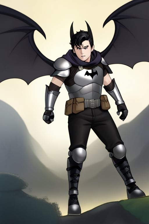 The animated version of Batman that belongs to the movie "Justice League x RWBY: Super Heroes & Huntsmen - Part 1" (He does have black hair, dark blue eyes, black pants, gray boots, gray metal knee pads, a gray breastplate with a black bat symbol on the front and underneath, a black long-sleeved t-shirt, black metal bat-shaped shoulder pads, gray armbands with 3 side blades on the sides, gloves blacks, a gray scarf, a gray utility belt and the age of 17), where Batman/Bruce Wayne is a "Bat Faunus" (Human being with two oversized black bat wings emerging from his back), in a landscape night.