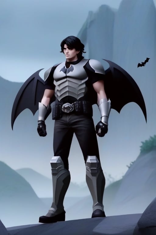 The animated version of Batman that belongs to the movie "Justice League x RWBY: Super Heroes & Huntsmen - Part 1" (He does have black hair, dark blue eyes, black pants, gray boots, gray metal knee pads, a gray breastplate with a black bat symbol on the front and underneath, a black long-sleeved t-shirt, black metal bat-shaped shoulder pads, gray armbands with 3 side blades on the sides, gloves blacks, a gray scarf, a gray utility belt and the age of 17), where Batman/Bruce Wayne is a "Bat Faunus" (Human being with two oversized black bat wings emerging from his back), in a landscape night.