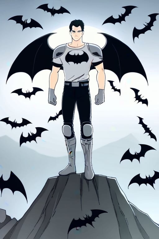 The animated version of Batman that belongs to the movie "Justice League x RWBY: Super Heroes & Huntsmen - Part 1" (He does have black hair, dark blue eyes, black pants, gray boots, gray metal knee pads, a gray breastplate with a black bat symbol on the front and underneath, a black long-sleeved t-shirt, black metal bat-shaped shoulder pads, gray armbands with 3 side blades on the sides, gloves blacks, a gray scarf, a gray utility belt and the age of 17), where Batman/Bruce Wayne is a "Bat Faunus" (Human being with two oversized black bat wings emerging from his back), in a landscape night with bats flying around.