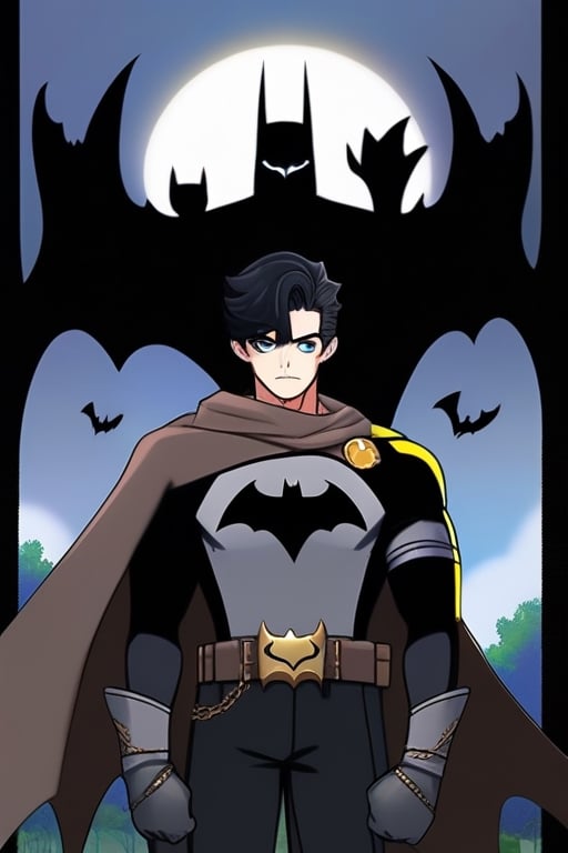 The animated version of Batman that belongs to the movie "Justice League x RWBY: Super Heroes & Huntsmen - Part 1" (He does have black hair, dark blue eyes, black pants, gray boots, gray metal knee pads, a gray breastplate with a black bat symbol on the front and underneath, a black long-sleeved t-shirt, black metal bat-shaped shoulder pads, gray armbands with 3 side blades on the sides, gloves blacks, a gray scarf, a gray utility belt and the age of 17), where Batman/Bruce Wayne is a "Bat Faunus" (Human being with two oversized black bat wings emerging from his back), in a landscape night.