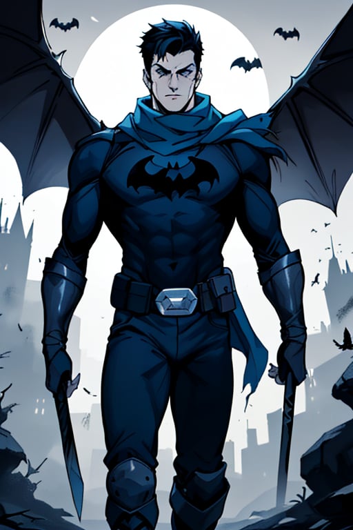 The animated version of Batman that belongs to the movie "Justice League x RWBY: Super Heroes & Huntsmen - Part 1" (He does have black hair, dark blue eyes, black pants, gray boots, gray metal knee pads, a gray breastplate with a black bat symbol on the front and underneath, a black long-sleeved t-shirt, black metal bat-shaped shoulder pads, gray armbands with 3 side blades on the sides, gloves blacks, a gray scarf, a gray utility belt and the age of 17), where Batman/Bruce Wayne is a "Bat Faunus" (Human being with two oversized black bat wings emerging from his back), in a landscape night with bats flying around,