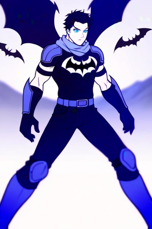 The animated version of Batman that belongs to the movie "Justice League x RWBY: Super Heroes & Huntsmen - Part 1" (He does have black hair, dark blue eyes, black pants, gray boots, gray metal knee pads, a gray breastplate with a black bat symbol on the front and underneath, a black long-sleeved t-shirt, black metal bat-shaped shoulder pads, gray armbands with 3 side blades on the sides, gloves blacks, a gray scarf, a gray utility belt and the age of 17), where Batman/Bruce Wayne is a "Bat Faunus" (Human being with two oversized black bat wings emerging from his back), in a landscape night with bats flying around.