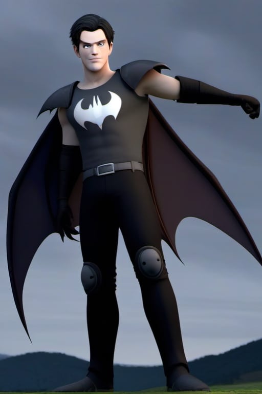 The animated version of Batman that belongs to the movie "Justice League x RWBY: Super Heroes & Huntsmen - Part 1" (He does have black hair, dark blue eyes, black pants, gray boots, gray metal knee pads, a gray breastplate with a black bat symbol on the front and underneath, a black long-sleeved t-shirt, black metal bat-shaped shoulder pads, gray armbands with 3 side blades on the sides, gloves blacks, a gray scarf, a gray utility belt and the age of 17), where Batman/Bruce Wayne is a "Bat Faunus" (Human being with two oversized black bat wings emerging from his back), in a landscape night.,disney pixar style,3D