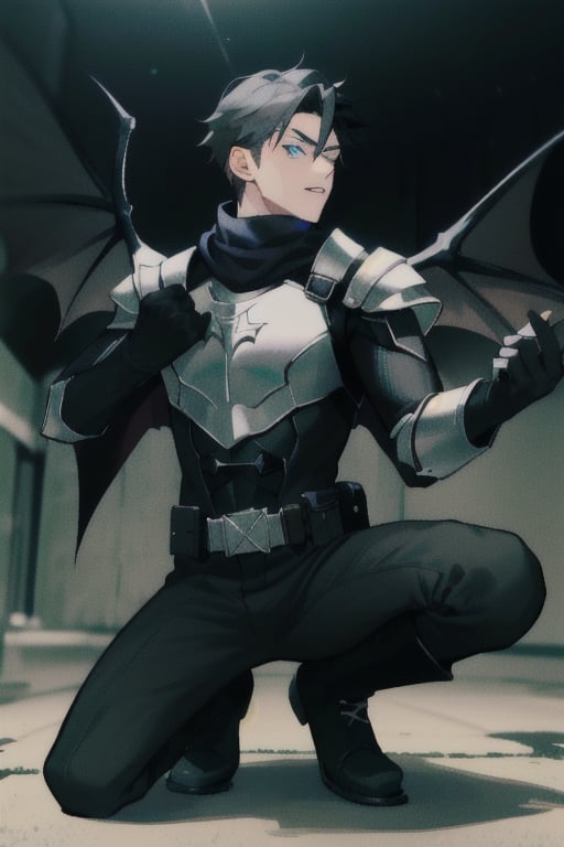 The animated version of Batman that belongs to the movie "Justice League x RWBY: Super Heroes & Huntsmen - Part 1" (He has black hair, dark blue eyes, black pants, gray boots with metal armor along them up to the knees, a gray breastplate with a black bat symbol on the chest and underneath, a black long-sleeved t-shirt, black metal bat-shaped shoulder pads, gray armbands with 3 side blades on the sides, black gloves, a gray scarf, a gray utility belt, 2 rapier type swords and the age of 17), where Batman/Bruce Wayne is a "Bat Faunus" (Human being with two huge black bat wings emerging from his back), in a landscape night with bats flying around.,green theme