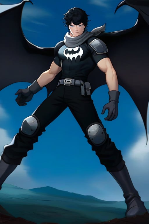 The animated version of Batman that belongs to the movie "Justice League x RWBY: Super Heroes & Huntsmen - Part 1" (He does have black hair, dark blue eyes, black pants, gray boots, gray metal knee pads, a gray breastplate with a black bat symbol on the front and underneath, a black long-sleeved t-shirt, black metal bat-shaped shoulder pads, gray armbands with 3 side blades on the sides, gloves blacks, a gray scarf, a gray utility belt and the age of 17), where Batman/Bruce Wayne is a "Bat Faunus" (Human being with two oversized black bat wings emerging from his back), in a landscape night with bats flying around.