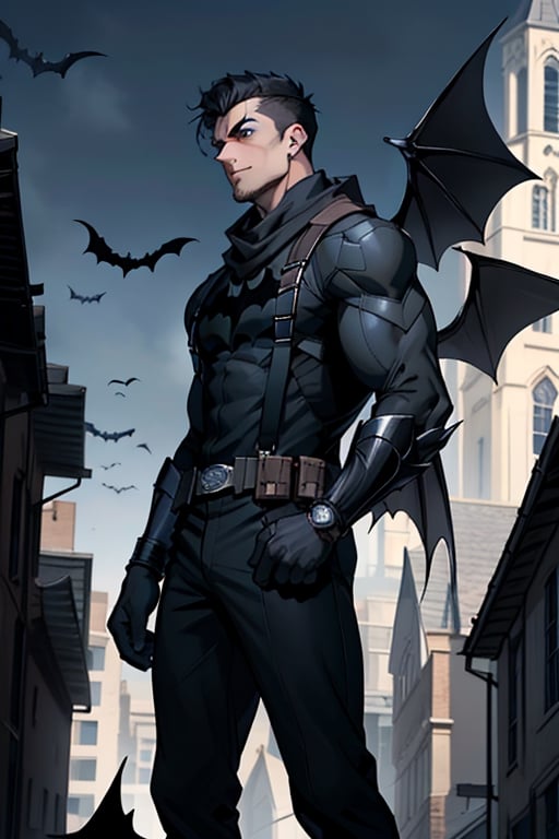 The animated version of Batman which belongs to the movie "Justice League x RWBY: Super Heroes & Huntsmen - Part 1" (No mask, black hair, dark blue eyes, black pants, gray overalls with a colored bat symbol black on the front side and below it, a black long-sleeved t-shirt, bat-shaped shoulder pads, gray bracelets with 3 blades on the sides, black gloves, a gray scarf, a gray utility belt and the age of 17 years ), where Batman is a "Bat Faun" (Human being with black bat wings emerging from his back), in a night background, on the roof of a cathedral.