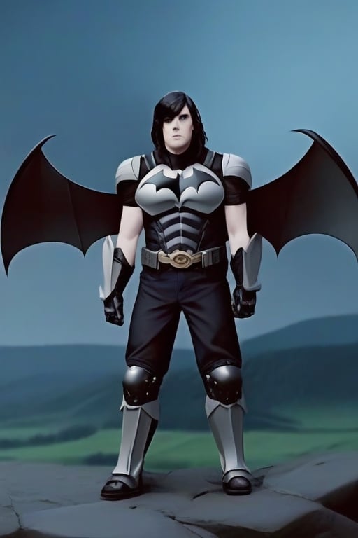 The animated version of Batman that belongs to the movie "Justice League x RWBY: Super Heroes & Huntsmen - Part 1" (He does have black hair, dark blue eyes, black pants, gray boots, gray metal knee pads, a gray breastplate with a black bat symbol on the front and underneath, a black long-sleeved t-shirt, black metal bat-shaped shoulder pads, gray armbands with 3 side blades on the sides, gloves blacks, a gray scarf, a gray utility belt and the age of 17), where Batman/Bruce Wayne is a "Bat Faunus" (Human being with two oversized black bat wings emerging from his back), in a landscape night.