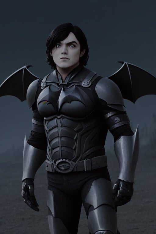 The animated version of Batman that belongs to the movie "Justice League x RWBY: Super Heroes & Huntsmen - Part 1" (He does have black hair, dark blue eyes, black pants, gray boots, gray metal knee pads, a gray breastplate with a black bat symbol on the front and underneath, a black long-sleeved t-shirt, black metal bat-shaped shoulder pads, gray armbands with 3 side blades on the sides, gloves blacks, a gray scarf, a gray utility belt and the age of 17), where Batman/Bruce Wayne is a "Bat Faunus" (Human being with two oversized black bat wings emerging from his back), in a landscape night.