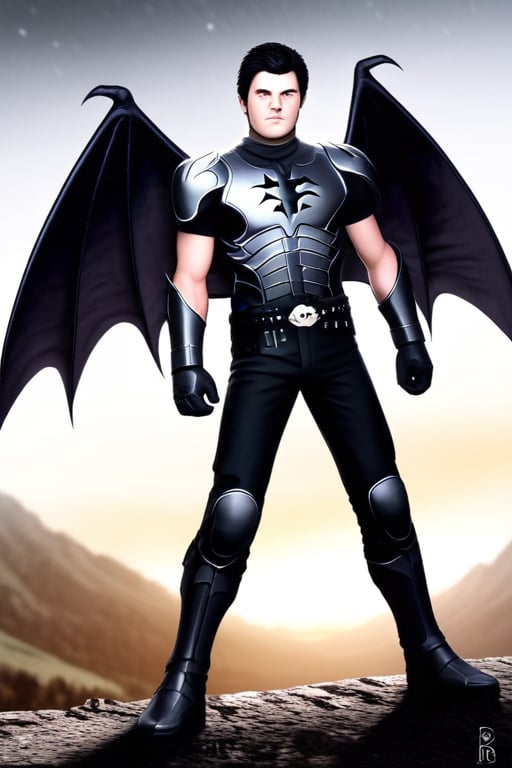The animated version of Batman that belongs to the movie "Justice League x RWBY: Super Heroes & Huntsmen - Part 1" (He does have black hair, dark blue eyes, black pants, gray boots, gray metal knee pads, a gray breastplate with a black bat symbol on the front and underneath, a black long-sleeved t-shirt, black metal bat-shaped shoulder pads, gray armbands with 3 side blades on the sides, gloves blacks, a gray scarf, a gray utility belt and the age of 17), where Batman/Bruce Wayne is a "Bat Faunus" (Human being with two oversized black bat wings emerging from his back), in a landscape night with bats flying around.,DonM3lv3nM4g1cXL