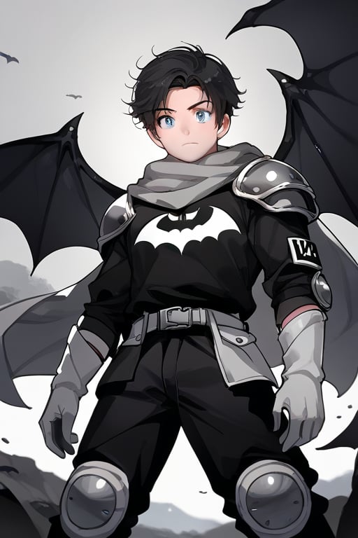 The animated version of Batman that belongs to the movie "Justice League x RWBY: Super Heroes & Huntsmen - Part 1" (He does have black hair, dark blue eyes, black pants, gray boots, gray metal knee pads, a gray breastplate with a black bat symbol on the front and underneath, a black long-sleeved t-shirt, black metal bat-shaped shoulder pads, gray armbands with 3 side blades on the sides, gloves blacks, a gray scarf, a gray utility belt and the age of 17), where Batman/Bruce Wayne is a "Bat Faunus" (Human being with two oversized black bat wings emerging from his back), in a landscape night with bats flying around.