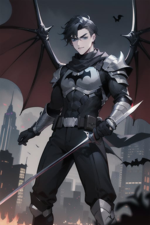 The animated version of Batman that belongs to the movie "Justice League x RWBY: Super Heroes & Huntsmen - Part 1" (He has black hair, dark blue eyes, black pants, gray boots with metal armor along them up to the knees, a gray breastplate with a black bat symbol on the chest and underneath, a black long-sleeved t-shirt, black metal bat-shaped shoulder pads, gray armbands with 3 side blades on the sides, black gloves, a gray scarf, a gray utility belt, 2 rapier type swords and the age of 17), where Batman/Bruce Wayne is a "Bat Faunus" (Human being with two huge black bat wings emerging from his back), in a landscape night with bats flying around.