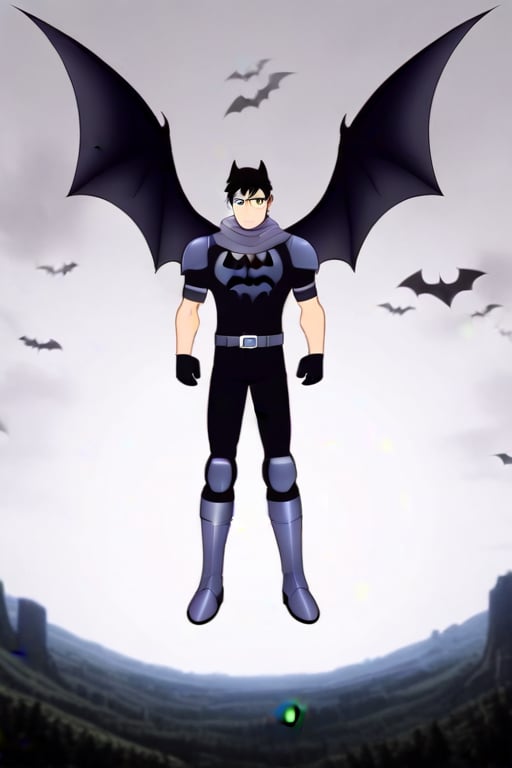 The animated version of Batman that belongs to the movie "Justice League x RWBY: Super Heroes & Huntsmen - Part 1" (He does have black hair, dark blue eyes, black pants, gray boots, gray metal knee pads, a gray breastplate with a black bat symbol on the front and underneath, a black long-sleeved t-shirt, black metal bat-shaped shoulder pads, gray armbands with 3 side blades on the sides, gloves blacks, a gray scarf, a gray utility belt and the age of 17), where Batman/Bruce Wayne is a "Bat Faunus" (Human being with two oversized black bat wings emerging from his back), in a landscape night with bats flying around..