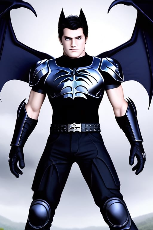 The animated version of Batman that belongs to the movie "Justice League x RWBY: Super Heroes & Huntsmen - Part 1" (He does have black hair, dark blue eyes, black pants, gray boots, gray metal knee pads, a gray breastplate with a black bat symbol on the front and underneath, a black long-sleeved t-shirt, black metal bat-shaped shoulder pads, gray armbands with 3 side blades on the sides, gloves blacks, a gray scarf, a gray utility belt and the age of 17), where Batman/Bruce Wayne is a "Bat Faunus" (Human being with two oversized black bat wings emerging from his back), in a landscape night with bats flying around.,DonM3lv3nM4g1cXL