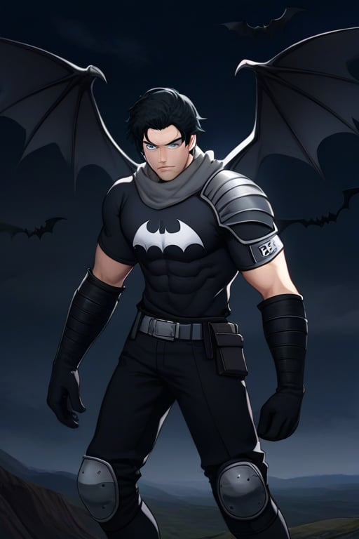 The animated version of Batman that belongs to the movie "Justice League x RWBY: Super Heroes & Huntsmen - Part 1" (He does have black hair, dark blue eyes, black pants, gray boots, gray metal knee pads, a gray breastplate with a black bat symbol on the front and underneath, a black long-sleeved t-shirt, black metal bat-shaped shoulder pads, gray armbands with 3 side blades on the sides, gloves blacks, a gray scarf, a gray utility belt and the age of 17), where Batman/Bruce Wayne is a "Bat Faunus" (Human being with two oversized black bat wings emerging from his back), in a landscape night with bats flying around.