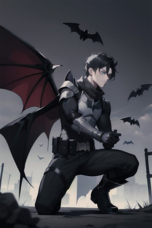 The animated version of Batman that belongs to the movie "Justice League x RWBY: Super Heroes & Huntsmen - Part 1" (He has black hair, dark blue eyes, black pants, gray boots with metal armor along them up to the knees, a gray breastplate with a black bat symbol on the chest and underneath, a black long-sleeved t-shirt, black metal bat-shaped shoulder pads, gray armbands with 3 side blades on the sides, black gloves, a gray scarf, a gray utility belt, 2 rapier type swords and the age of 17), where Batman/Bruce Wayne is a "Bat Faunus" (Human being with two huge black bat wings emerging from his back), in a landscape night with bats flying around.,green theme