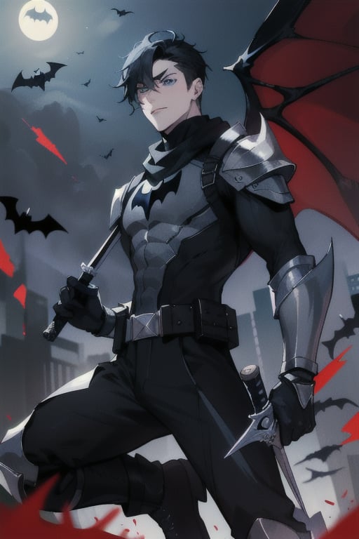 The animated version of Batman that belongs to the movie "Justice League x RWBY: Super Heroes & Huntsmen - Part 1" (He has black hair, dark blue eyes, black pants, gray boots with metal armor along them up to the knees, a gray breastplate with a black bat symbol on the chest and underneath, a black long-sleeved t-shirt, black metal bat-shaped shoulder pads, gray armbands with 3 side blades on the sides, black gloves, a gray scarf, a gray utility belt, 2 rapier type swords and the age of 17), where Batman/Bruce Wayne is a "Bat Faunus" (Human being with two huge black bat wings emerging from his back), in a landscape night with bats flying around.